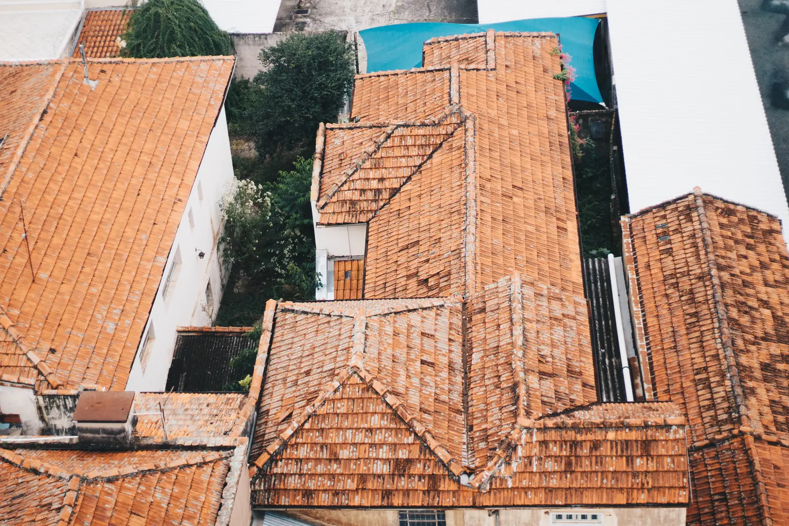 Overhead view of clay tile rooftops